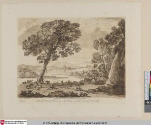 [Landschaft mit Ziegenherde und Hirten, Fluss und weiter Ferne.]