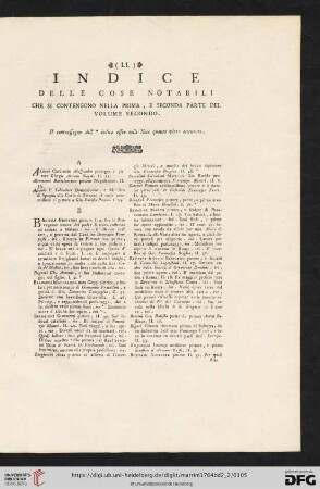 Indice delle cose notabili che si contengono nella prima, e seconda parte del volume secondo
