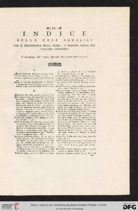 Indice delle cose notabili che si contengono nella prima, e seconda parte del volume secondo