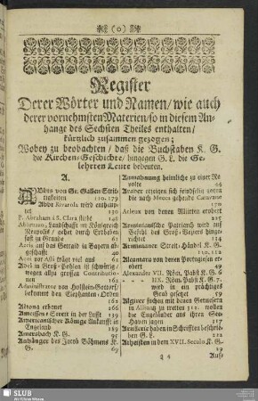 Register Derer Wörter und Namen, wie auch derer vornehmsten Materien, so in diesem Anhange des Sechsten Theils enthalten