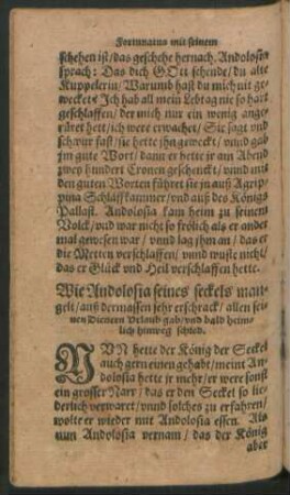 Als Andolosia seines seckels mangelt/ auß dermassen sehr erschrack/ allen seinen Dienern Urlaub gab/ und bald heimlich hinweg schied.