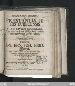 Dissertatio Juridica, De Præstantia Juris Lubecensis Circa Fidem Civium Augendam