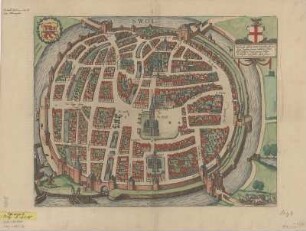 Plan von Zwolle, Kupferstich, 1593 : Swolla diu celebris meruit virtutibus ... / [Stecher: Franz Hogenberg, Hrsg.: Braun u. Hogenberg]. - [Coloniae Agrippiniae] , [1593]. - 1 Vogelschaukt. : Kupferst. ; 43 x 34 cm