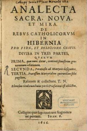 Analecta sacra ... de rebus Catholicorum in Hibernia