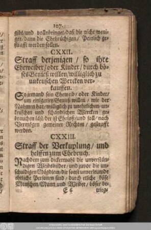CXXII. Straff derjenigen/ so ihre Eheweiber/ oder Kinder/ durch böses Genieß willen/ williglich zu unkeuschen Wercken verkauffen.