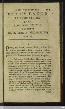 Disputatio Trigesima Prima Quam D. XXII. Nov. MDCCLX. Defendit Henr. Ernest. Reichardtus Vinariens