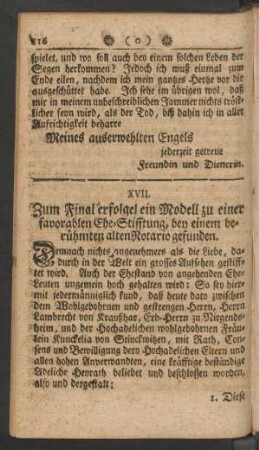 XVII. Zum Final erfolgel ein Modell zu einer favorablen Ehe-Stifftung, ...