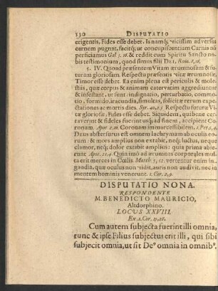 Disputatio Nona. Respondente M. Benedicto Mauricio, ...