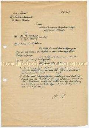 Handschriftlicher Entwurf eines Schreibens an den Entnazifizierungs-Hauptausschuss - Familienkonvolut