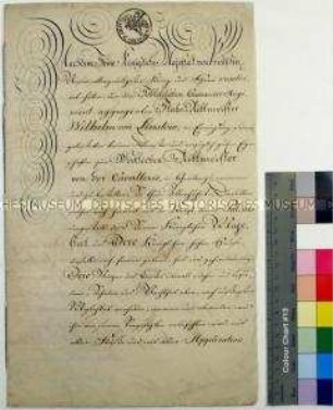 Patent des Friedrich Wilhelm III. König von Preußen für den Wirklichen Rittmeister von der Kavallerie Wilhelm von Linstow