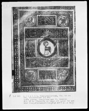 Codex Aureus von Sankt Emmeram (aus der Hofschule Karls des Kahlen) — Agnus Dei umgeben vom Tetramorph, Folio 65verso