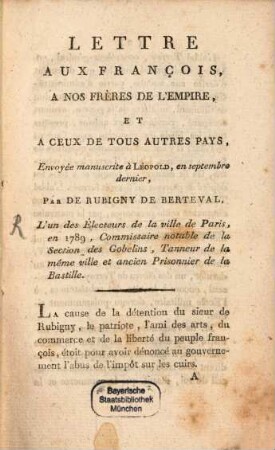 Lettre aux Français nos frères de l'empire
