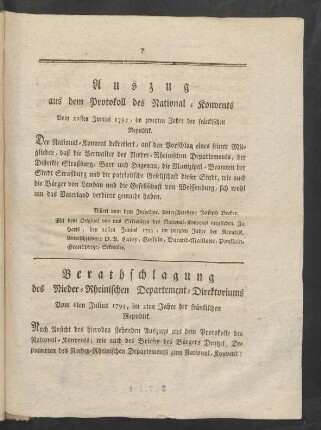 Auszug aus dem Protokoll des National-Konvents ...