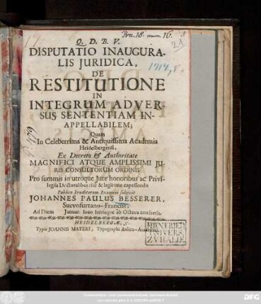 Disputatio Inauguralis Juridica, De Restitutione In Integrum Adversus Sententiam Inappellabilem