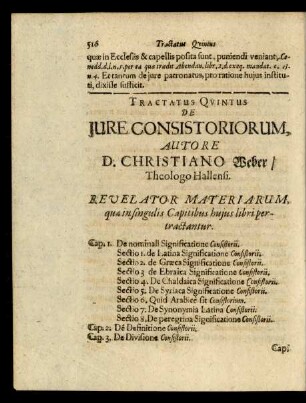 Revelator Materiarum, quae in singulis Capitibus huius libri pertractantur.