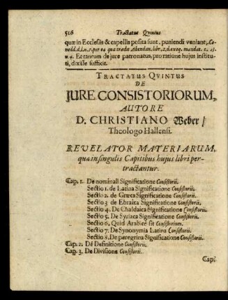 Revelator Materiarum, quae in singulis Capitibus huius libri pertractantur.