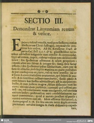 Sectio III. Demonstrat Litotomiam renum & vesicae