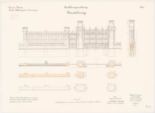 Bekleidungsamt des VII. Armeekorps, Münster: Einfriedung: Grundriss Fundamente, Aufriss, Querschnitt 1:33 1/3