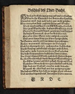 Beschluß deß Thier-Buchs.