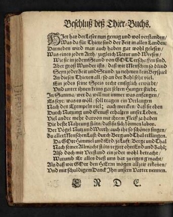 Beschluß deß Thier-Buchs.