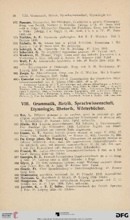 VIII. Grammatik, Metrik, Sprachwissenschaft, Etymologie, Rhetorik, Wörterbücher (Nr. 982 - 1014)