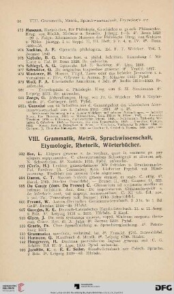VIII. Grammatik, Metrik, Sprachwissenschaft, Etymologie, Rhetorik, Wörterbücher (Nr. 982 - 1014)