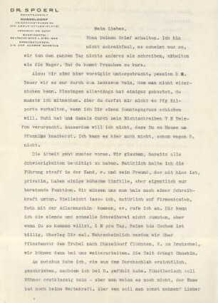 Eigenhändiger Brief (Typoskript) von Heinrich Spoerl an seine Frau Gertrud geb. Kebben in Düsseldorf