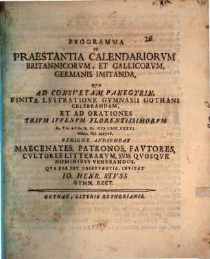 Programma de praestantia Calendariorvm Britannicorvm et Gallicorvm, Germanis imitanda