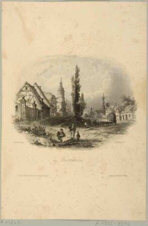 Ansicht von Connewitz (Leipzig-Connewitz) südlich von Leipzig, mit der alten Dorfkirche, aus: Ramshorns Leipzig und seine Umgebungen von 1841