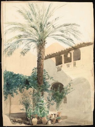 Innenhof eines Hauses, Spanien (?): Innenhof eines Hauses mit Palme und Pflanzentöpfen