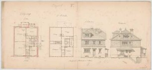 Thiersch, August ; München - Nymphenburg, Zuccalistr. 11 - 13; Doppelhaus Parseval - Wolff - Grundriss EG, Grundriss 1. OG, Ansichten
