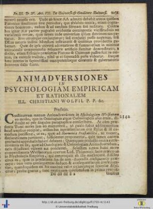 Animadversiones in Psychologiam Empiricam et Rationalem ill. Christiani Wolfii.