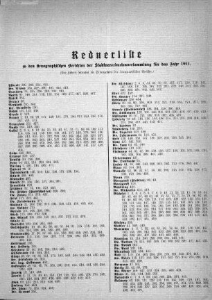 Rednerliste zu den stenographischen Berichten der Stadtverordnetenversammlung für das Jahr 1911