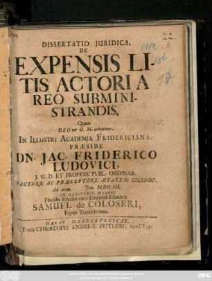 Dissertatio Juridica, De Expensis Litis Actori A Reo Subministrandis