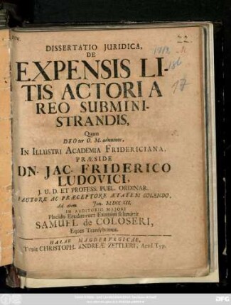 Dissertatio Juridica, De Expensis Litis Actori A Reo Subministrandis