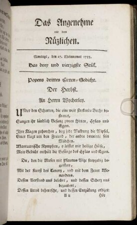 Das drey und vierzigste Stück. Montags, den 27. Weinmonat, 1755.