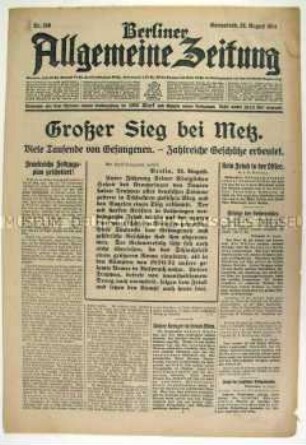 Tageszeitung "Berliner Allgemeine Zeitung" u.a. zu Kämpfen zwischen deutschen und französischen Truppen im Elsass