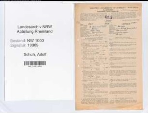 Entnazifizierung Adolf Schuh, geb. 23.12.1895 (Ingenieur)