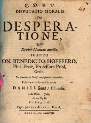Disputatio Moralis De Desperatione