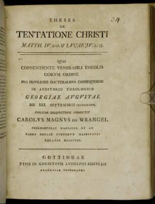 Theses De Tentatione Christi Matth. IV,1.-11 [et] Lucae IV.1-13