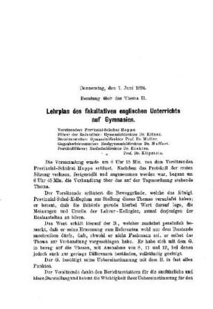 Lehrplan des fakultativen englischen Unterrichts auf Gymnasien : [Protokolle über die Verhandlungen]