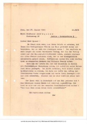 Brief von Peter Diederichs von Eugen Diederichs Verlag an Adolf Spamer 27.01.1940