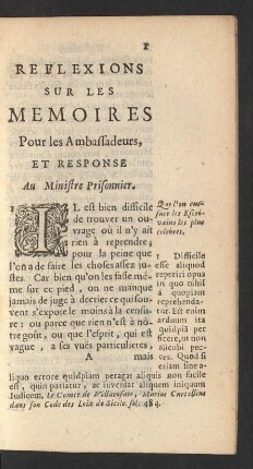 Reflexions Sur Les Memoires Pour les Ambassadeurs, Et Response Au Ministre Prisonnier.
