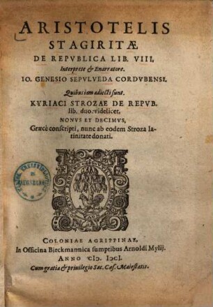 Aristotelis Stagiritae De Republica : Lib. VIII.
