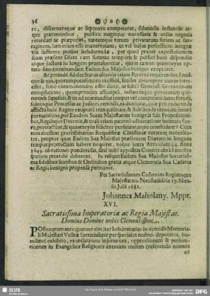 XVI. Iterata Supplicatio Evangelicorum ad Sacratissimam Caesaream Regiamque Maiestatem 20. Iulii. 1681
