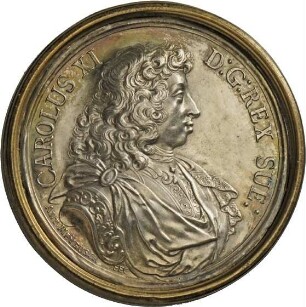 Medaille mit Messingring von Anton Meybusch auf die Hochzeit König Karl XI. von Schweden mit der dänisch-norwegischen Prinzessin Ulrike Eleonore, um 1680