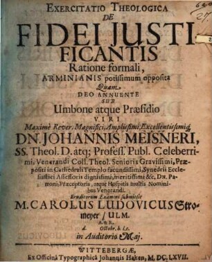 Exercitatio Theologica De Fidei Iustificantis Ratione formali, Arminianis potissimum opposita