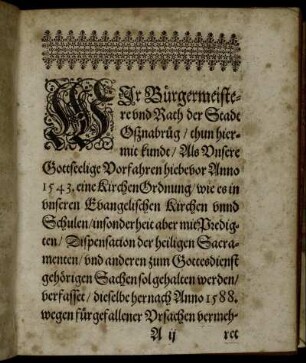 Wir Bürgermeistere und Rath der Stadt Oßnabrüg, thun hiermit kundt ...