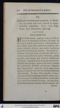 VII. Dissertatio de haemoptysi in genere, et speciatim ejus nexu cum varia adversa ex hypochondriis valetudine.