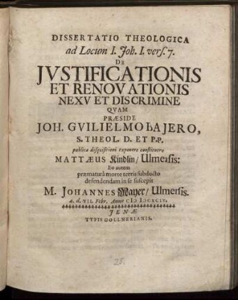Dissertatio Theologica ad Locum I. Joh. I. vers. 7. De Iustificationis Et Renovationis Nexu Et Discrimine
